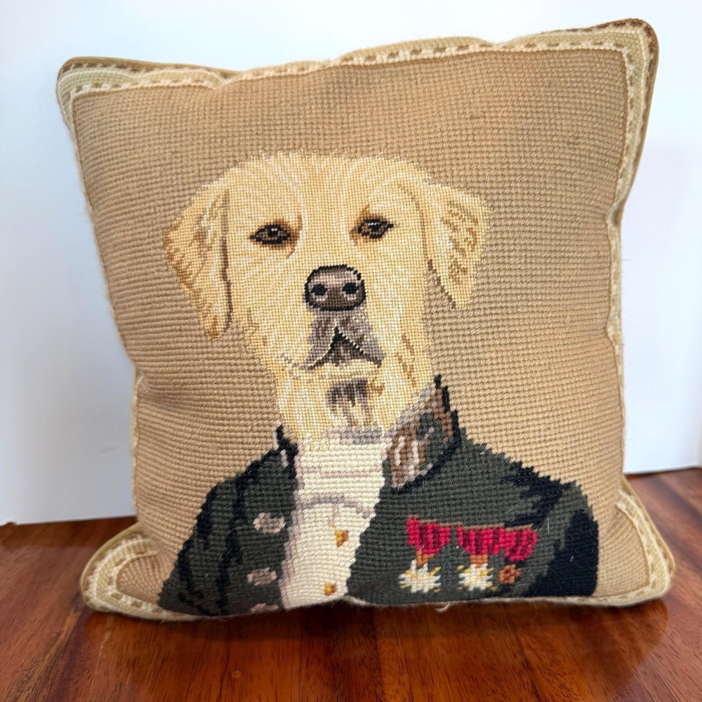 Vtg Ethan Allen Dog in Regal Jacket Needlepoint Embroidered Throw Pillow
